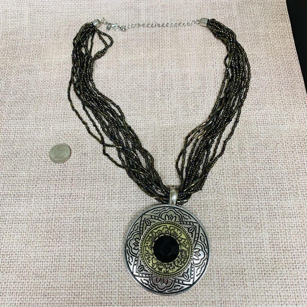 Premier Designs Gold‎ Silver Etched Medallion Multi Strand Beaded Necklace